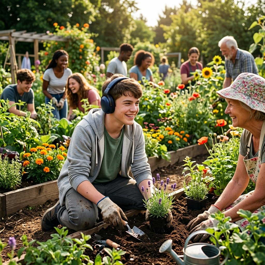 A teenager with autism engaging in a community gardening group