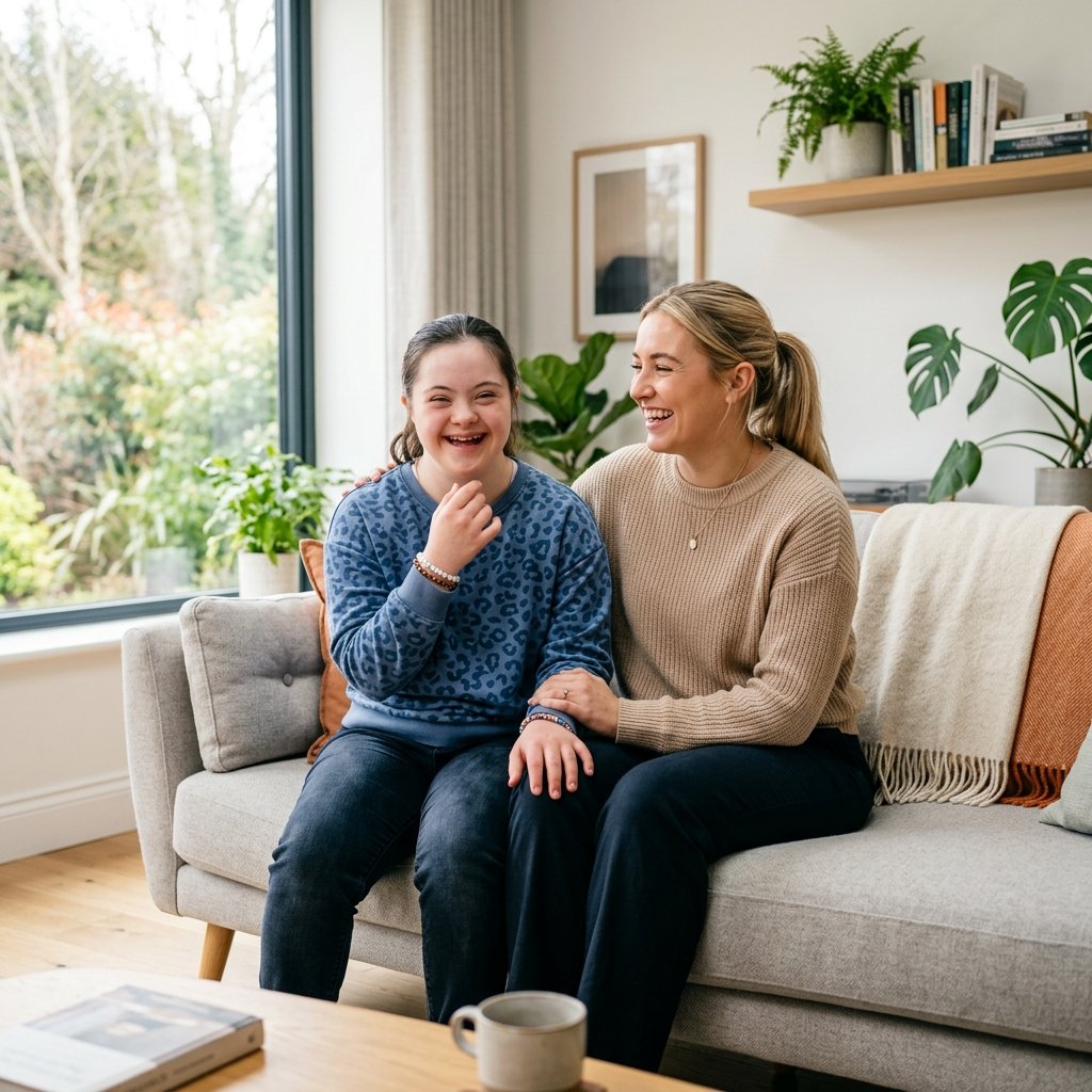 A teenager with Down syndrome and a young support worker smiling together