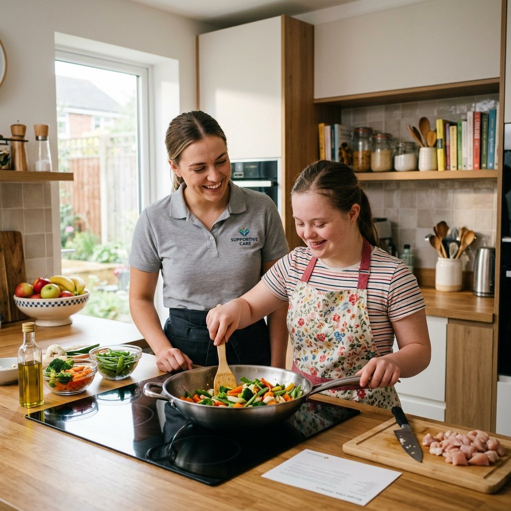 A support worker helping someone cook a meal